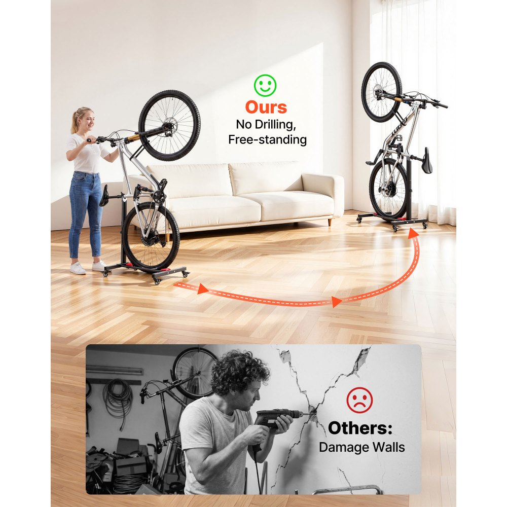 VEVOR Bike Stand, Freestanding Vertical & Horizontal Bike Storage Rack, with Lockable Casters, Height Adjustable Carbon Steel Upright Garage Bicycle Floor Stand, for 20-29 in Wheel Diameters, Black
