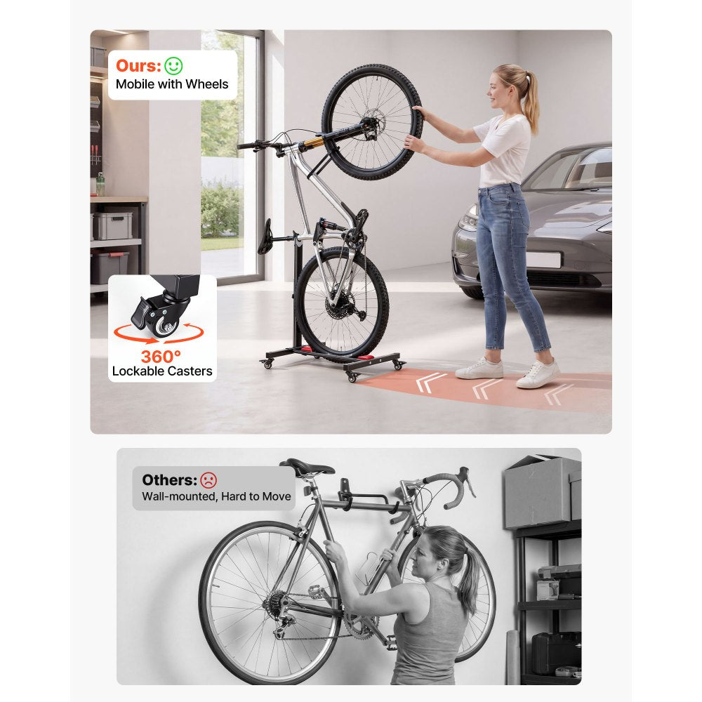 VEVOR Bike Stand, Freestanding Vertical & Horizontal Bike Storage Rack, with Lockable Casters, Height Adjustable Carbon Steel Upright Garage Bicycle Floor Stand, for 20-29 in Wheel Diameters, Black