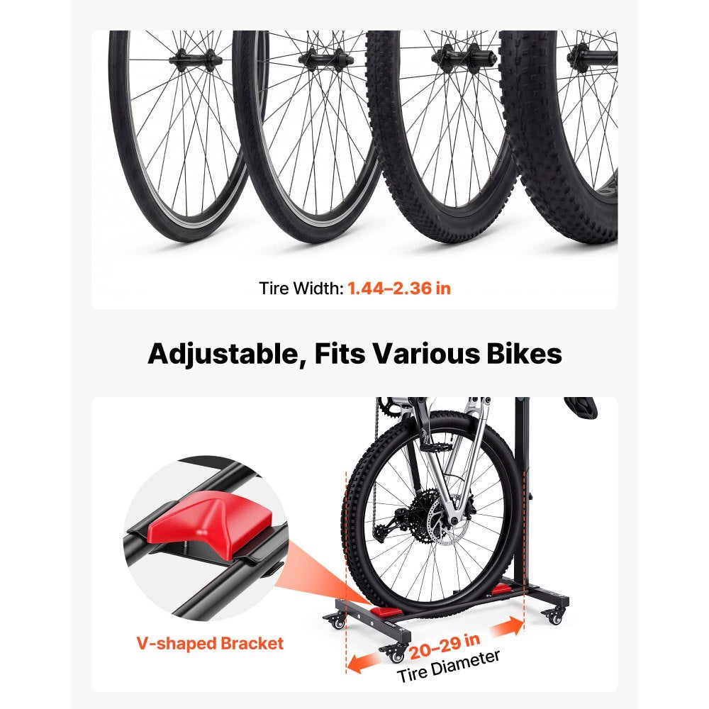 VEVOR Bike Stand, Freestanding Vertical & Horizontal Bike Storage Rack, with Lockable Casters, Height Adjustable Carbon Steel Upright Garage Bicycle Floor Stand, for 20-29 in Wheel Diameters, Black