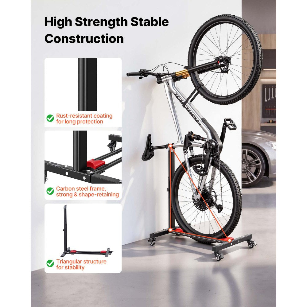 VEVOR Bike Stand, Freestanding Vertical & Horizontal Bike Storage Rack, with Lockable Casters, Height Adjustable Carbon Steel Upright Garage Bicycle Floor Stand, for 20-29 in Wheel Diameters, Black