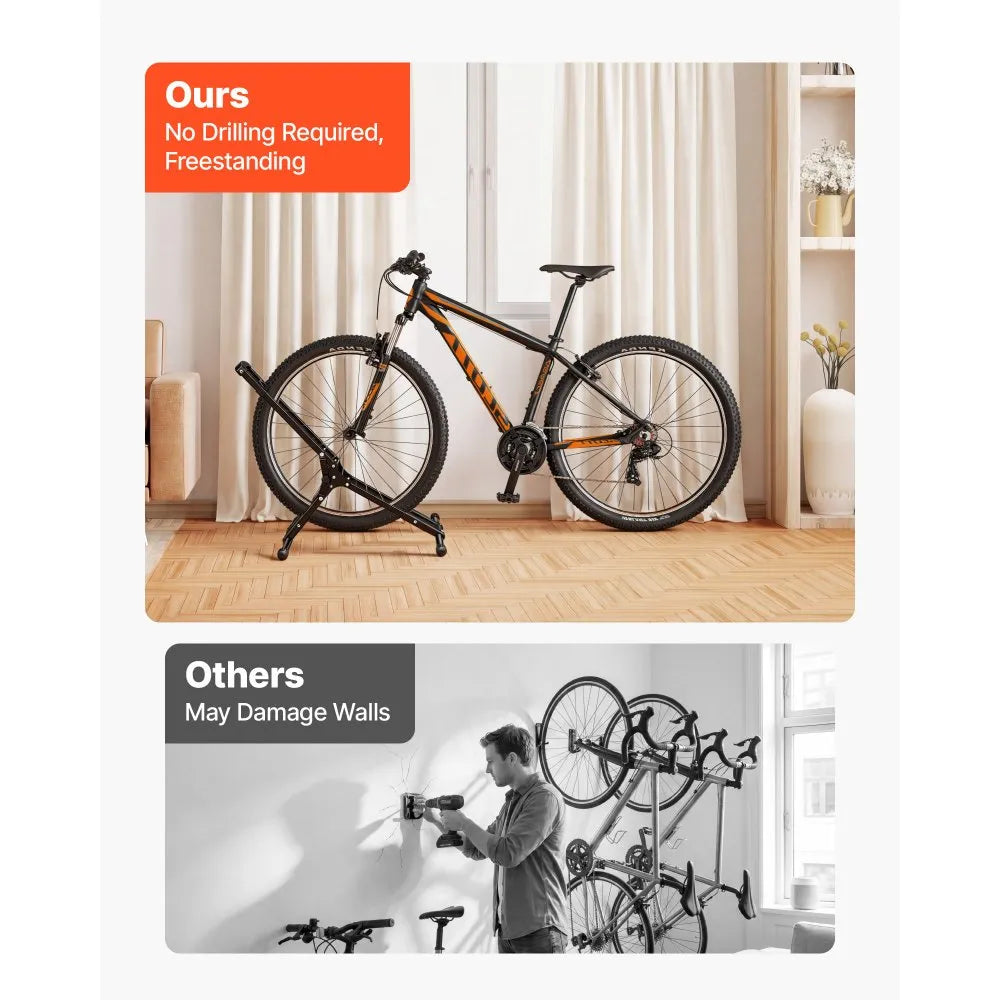 VEVOR Bike Stand, Foldable Freestanding Bike Storage Rack, Carbon Steel Garage Bicycle Floor Stand, Fits 20-29 in Wheel Diameters, Drill-Free Installation, Ideal for Garage, Apartment, Home, Black