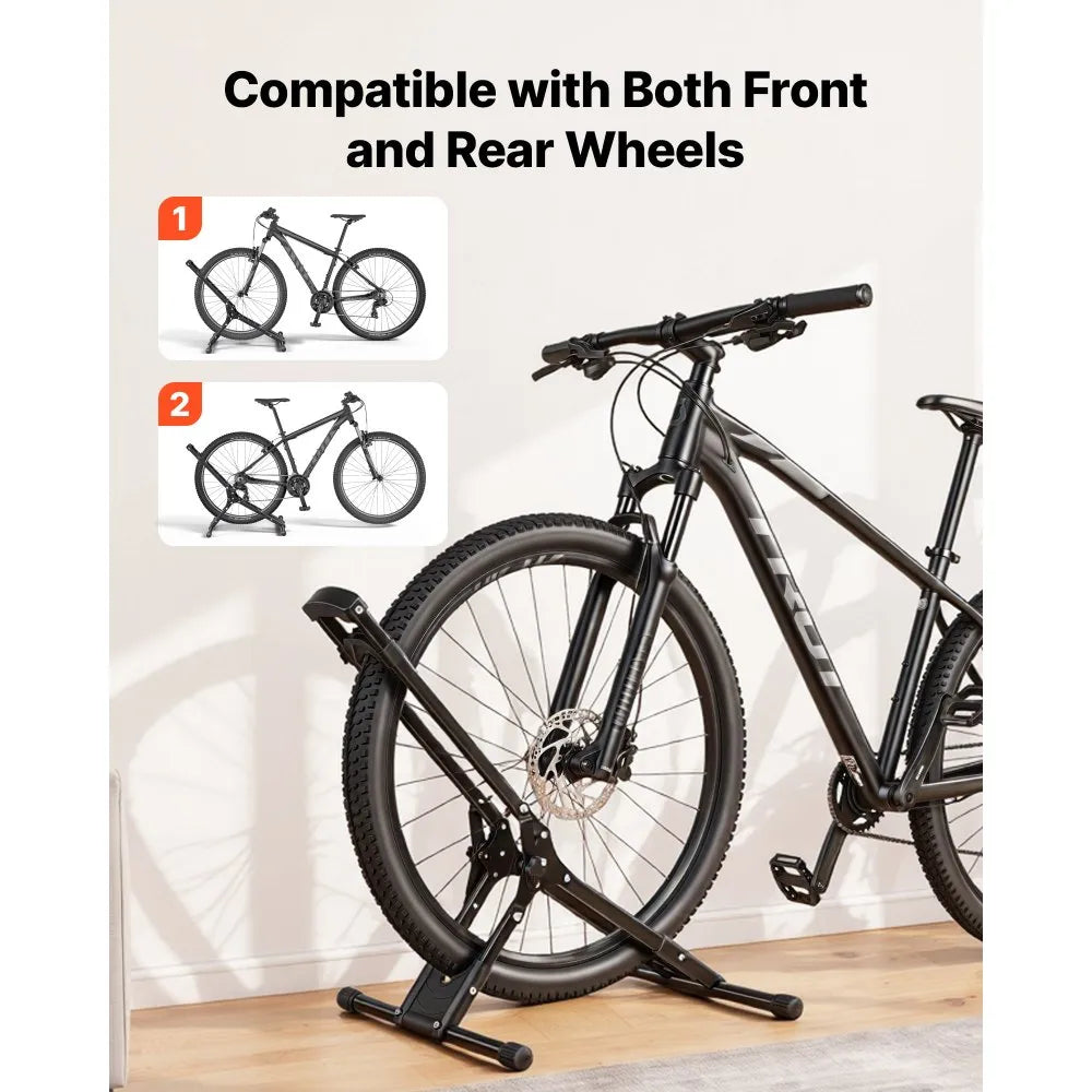 VEVOR Bike Stand, Foldable Freestanding Bike Storage Rack, Carbon Steel Garage Bicycle Floor Stand, Fits 20-29 in Wheel Diameters, Drill-Free Installation, Ideal for Garage, Apartment, Home, Black