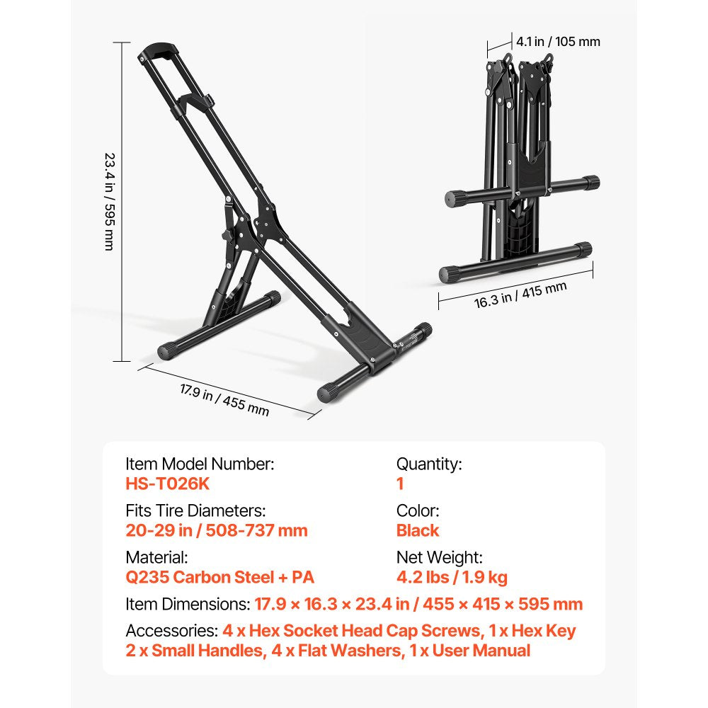 VEVOR Bike Stand, Foldable Freestanding Bike Storage Rack, Carbon Steel Garage Bicycle Floor Stand, Fits 20-29 in Wheel Diameters, Drill-Free Installation, Ideal for Garage, Apartment, Home, Black