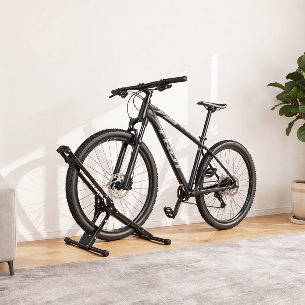 VEVOR Bike Stand, Foldable Freestanding Bike Storage Rack, Carbon Steel Garage Bicycle Floor Stand, Fits 20-29 in Wheel Diameters, Drill-Free Installation, Ideal for Garage, Apartment, Home, Black