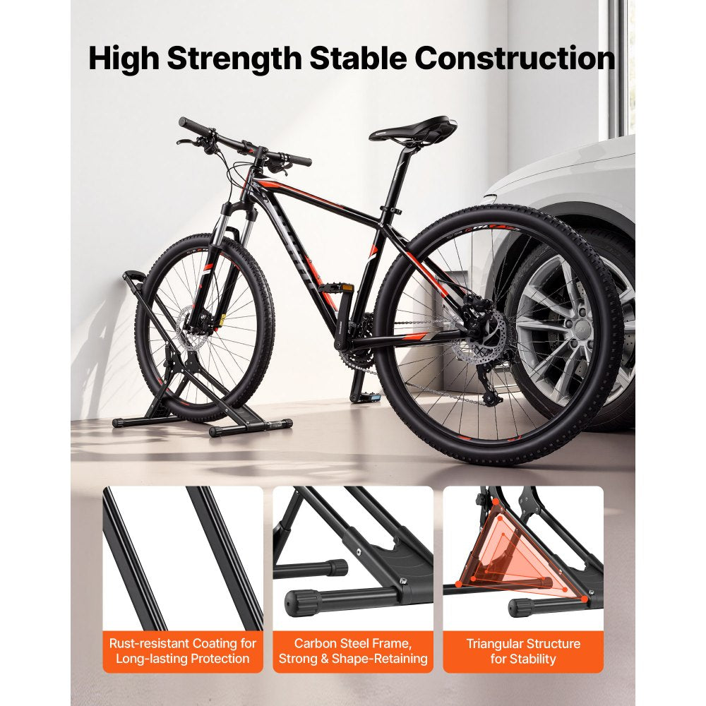 VEVOR Bike Stand 2 Pack, Foldable Freestanding Bike Storage Rack, Carbon Steel Garage Bicycle Floor Stand, Fits 20-29 in Wheel Diameters, Drill-Free Installation, for Garage, Apartment, Home, Black