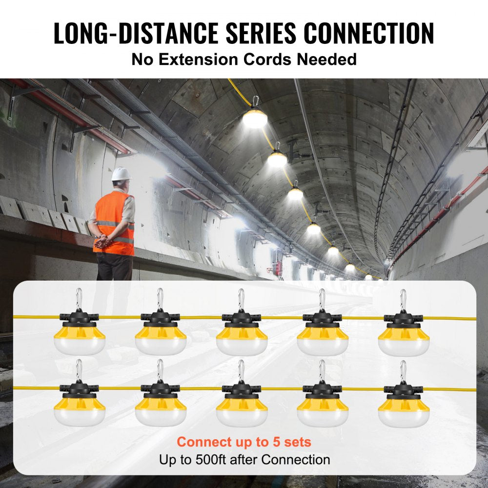 VEVOR 100FT Construction String Lights, 100W 10000LM, 10PCs String Work Light, 5000K, IP65 Waterproof, with Hanging Hooks, for Construction Site, Temporary Lighting Indoor & Outdoor, ETL Listed