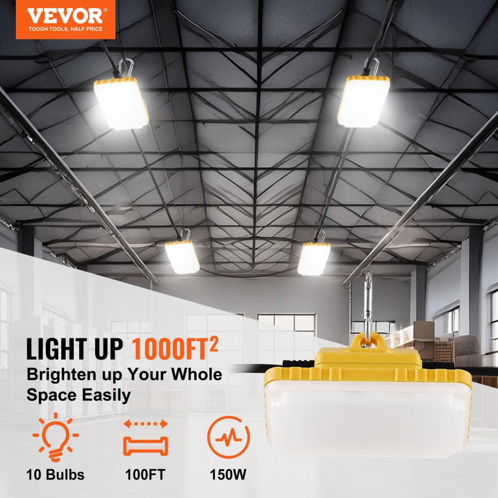 VEVOR 100FT Construction String Lights, 150W 15000LM, 10PCs String Work Light, 5000-5500K, IP65 Waterproof, with Hanging Hooks, for Construction Site, Temporary Lighting Indoor & Outdoor, ETL Listed