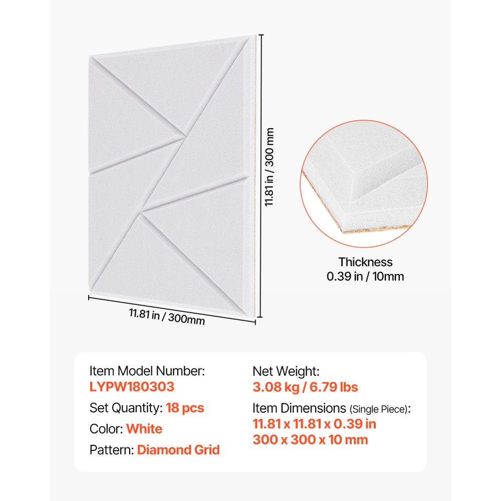 VEVOR 18 Pack Acoustic Panels with Self Adhesive, 11.8 x 11.8 x 0.4 inch Sound Proof Foam Panels, Polyester Fiber Soundproof Wall Panels High Density, for Home, Studio, Office, Theater, White