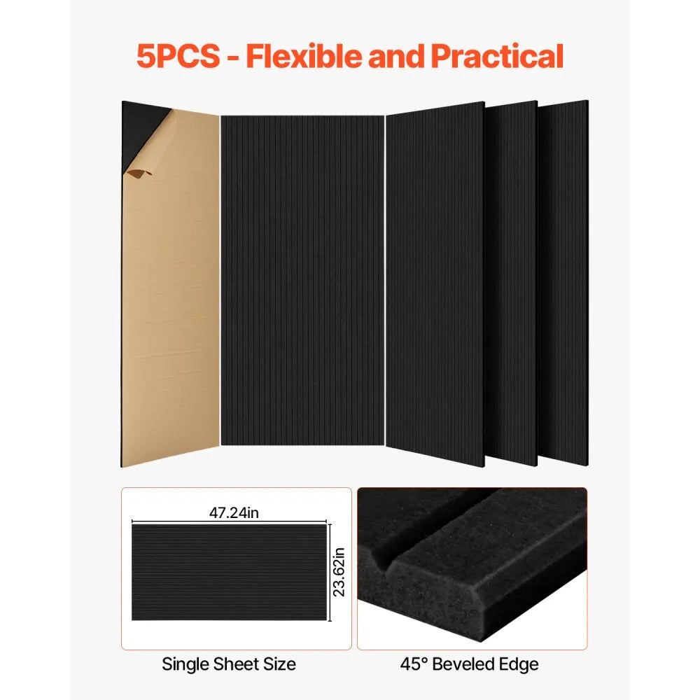 VEVOR 5 Pack Acoustic Panels with Self Adhesive, 47.2 x 23.6 x 0.4 inch Sound Proof Foam Panels, Polyester Fiber Soundproof Wall Panels High Density, for Home, Studio, Office, Theater, Black