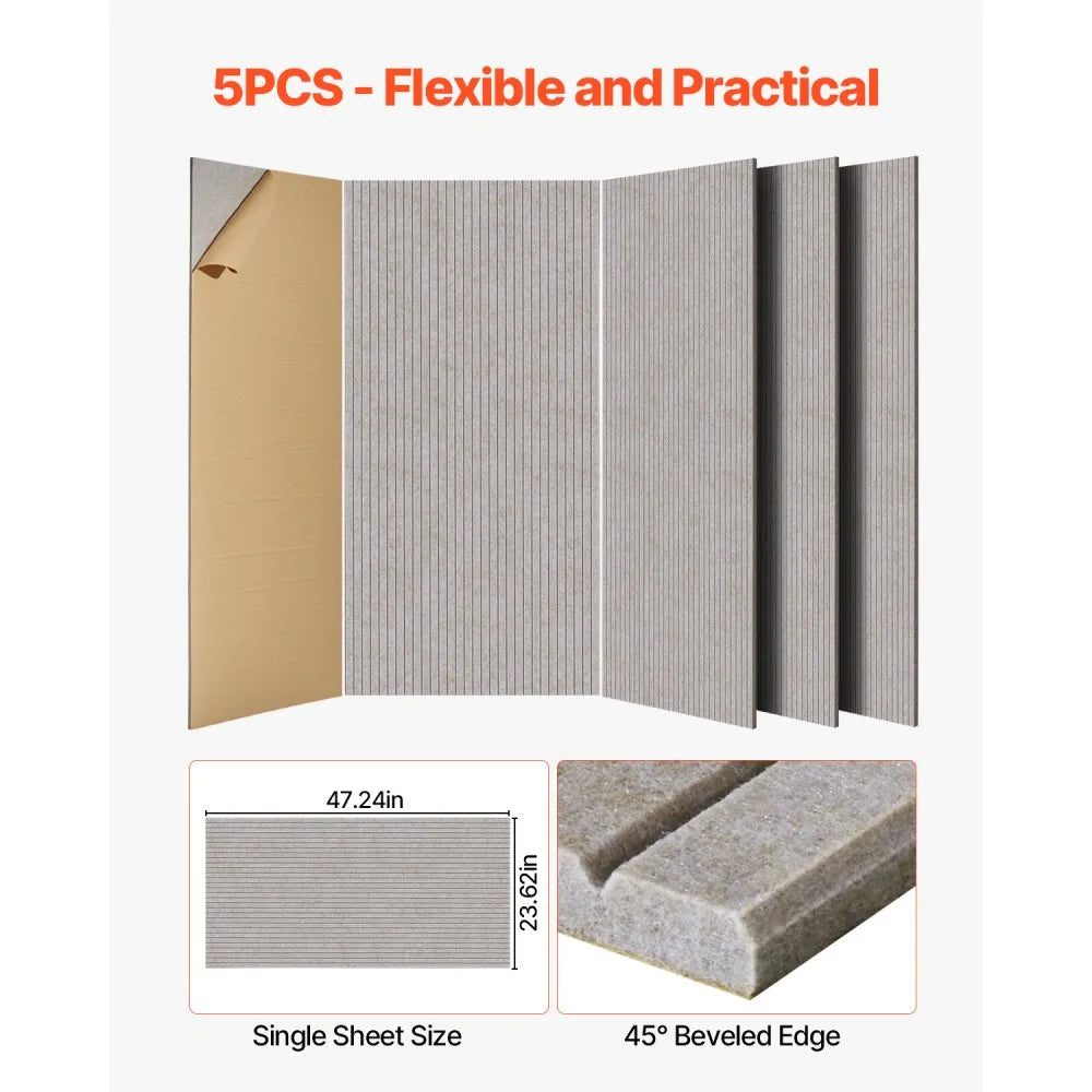 VEVOR 5PCS Acoustic Panels with Self Adhesive, 47.2 x 23.6 inch Sound Proof Foam Panels, Polyester Fiber Soundproof Wall Panels High Density, for Home, Studio, Office, Theater, Camel