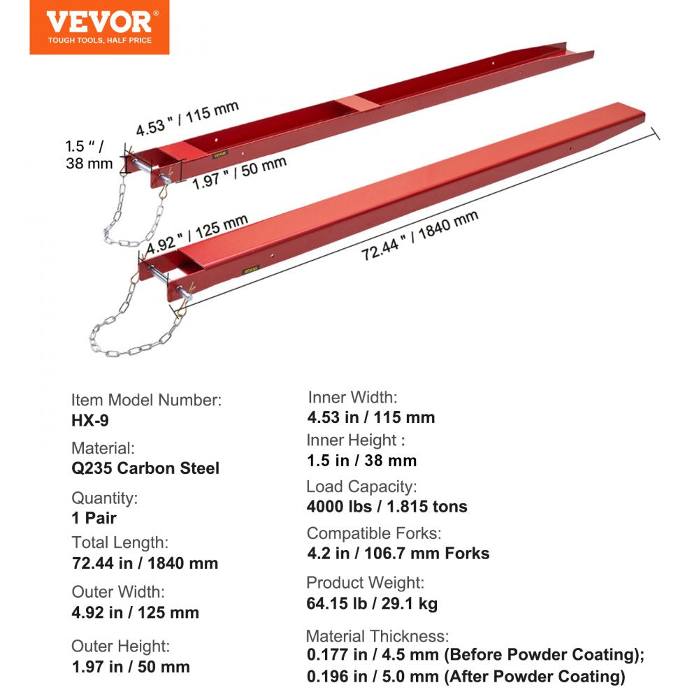 VEVOR Pallet Fork Extensions, 72" Length 4.5" Width, Heavy Duty Carbon Steel Fork Extensions for Forklifts, 1 Pair Forklift Extensions with Pins, Forklift Fork Attachments for Forklift Truck, Red