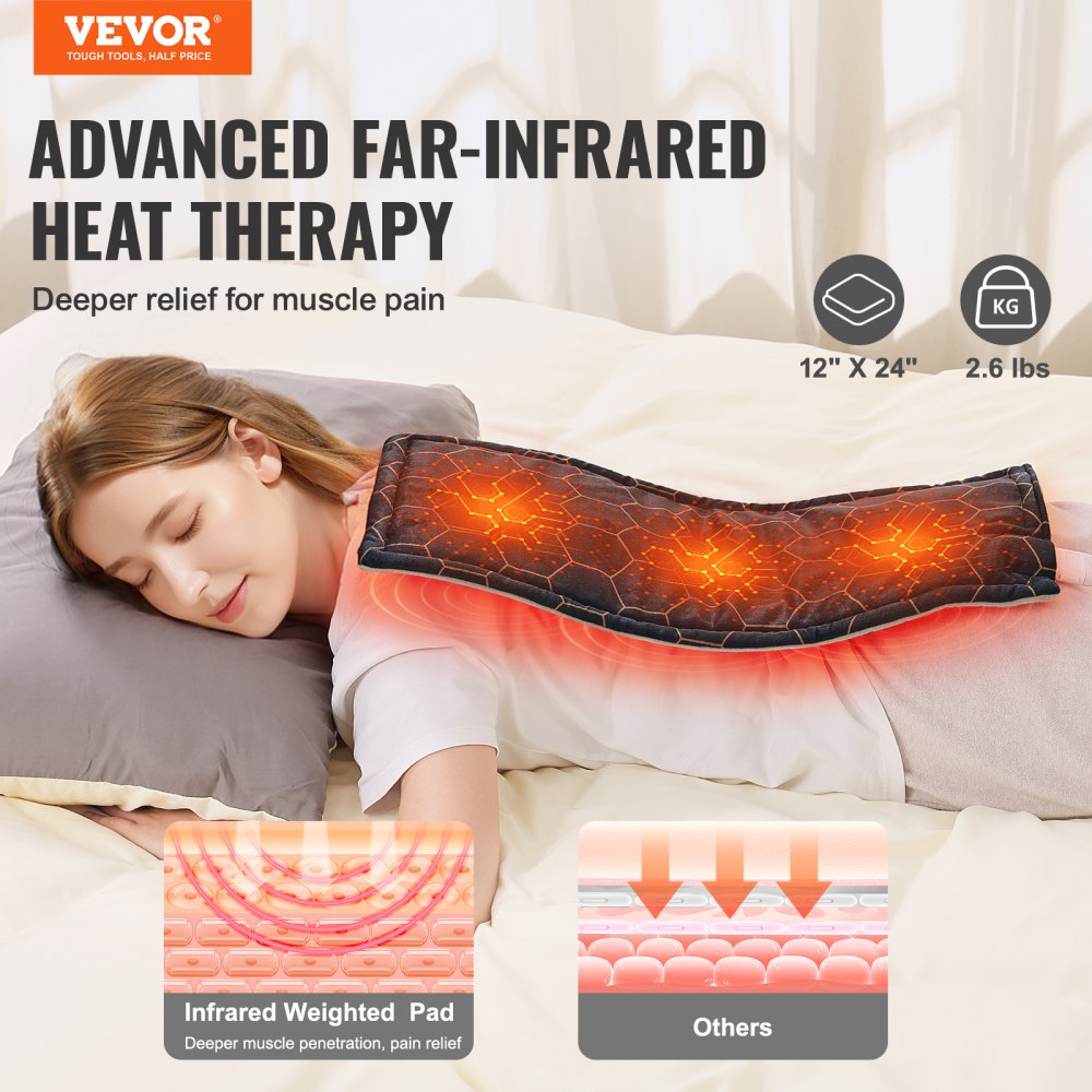 VEVOR Far Infrared Heating Pad, 12" x 24" Weighted Heating Pad with Far Infrared Therapy, 4 Temperature Settings, 2-hour Auto-off, Electric Heating Pad for Back Neck Shoulder Abdomen Pain Relief