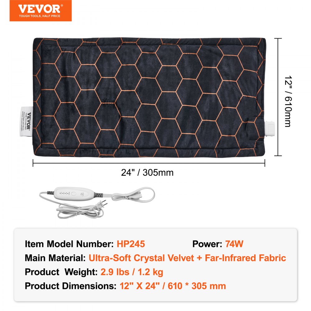 VEVOR Far Infrared Heating Pad, 12" x 24" Weighted Heating Pad with Far Infrared Therapy, 4 Temperature Settings, 2-hour Auto-off, Electric Heating Pad for Back Neck Shoulder Abdomen Pain Relief