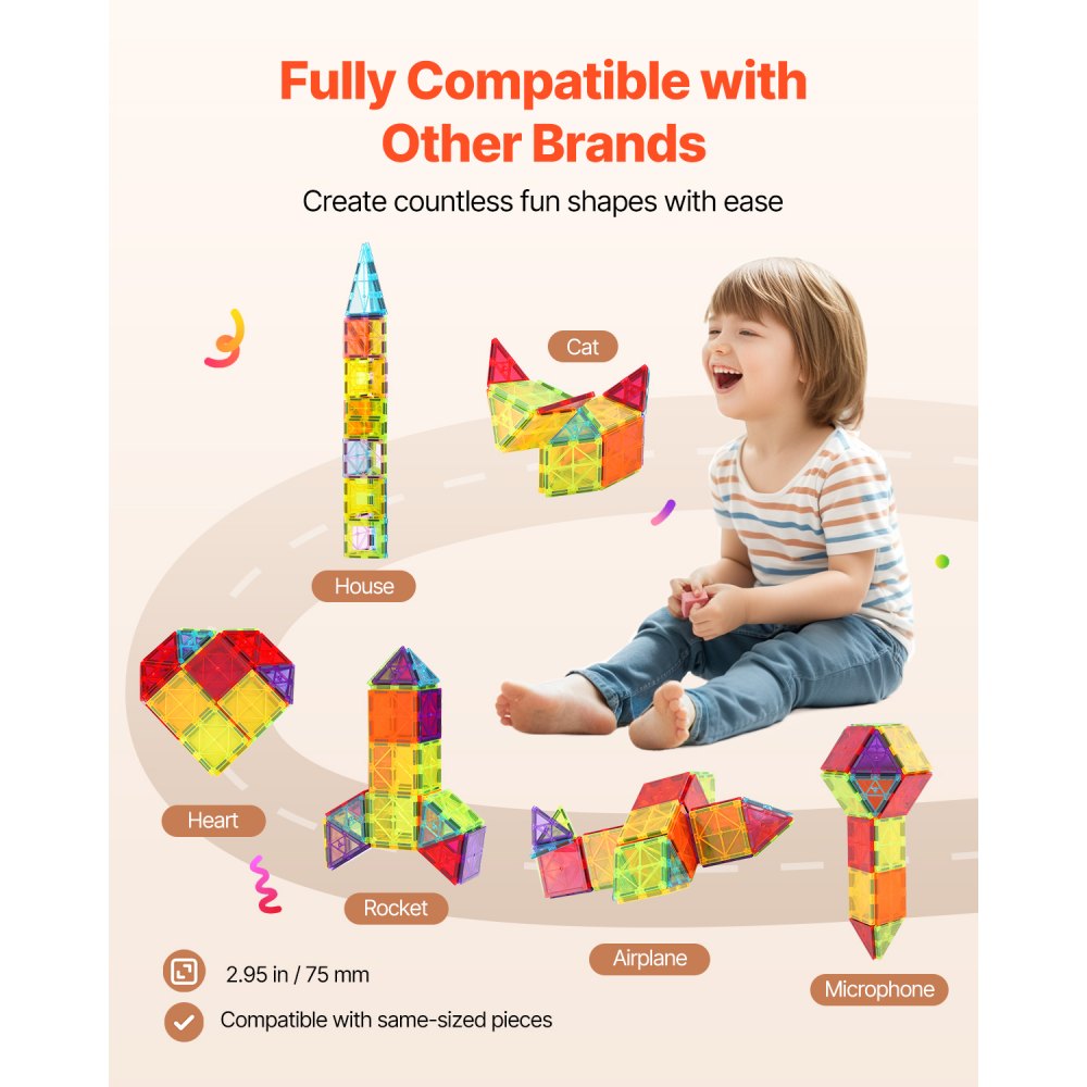 VEVOR Magnetic Tiles, 32 PCS Magnetic Building Blocks for Kids, Magnet Building Set with Storage Bag, STEM Sensory Educational Construction Stacking Toys Gift for Toddlers Boys and Girls 3+ Year Old