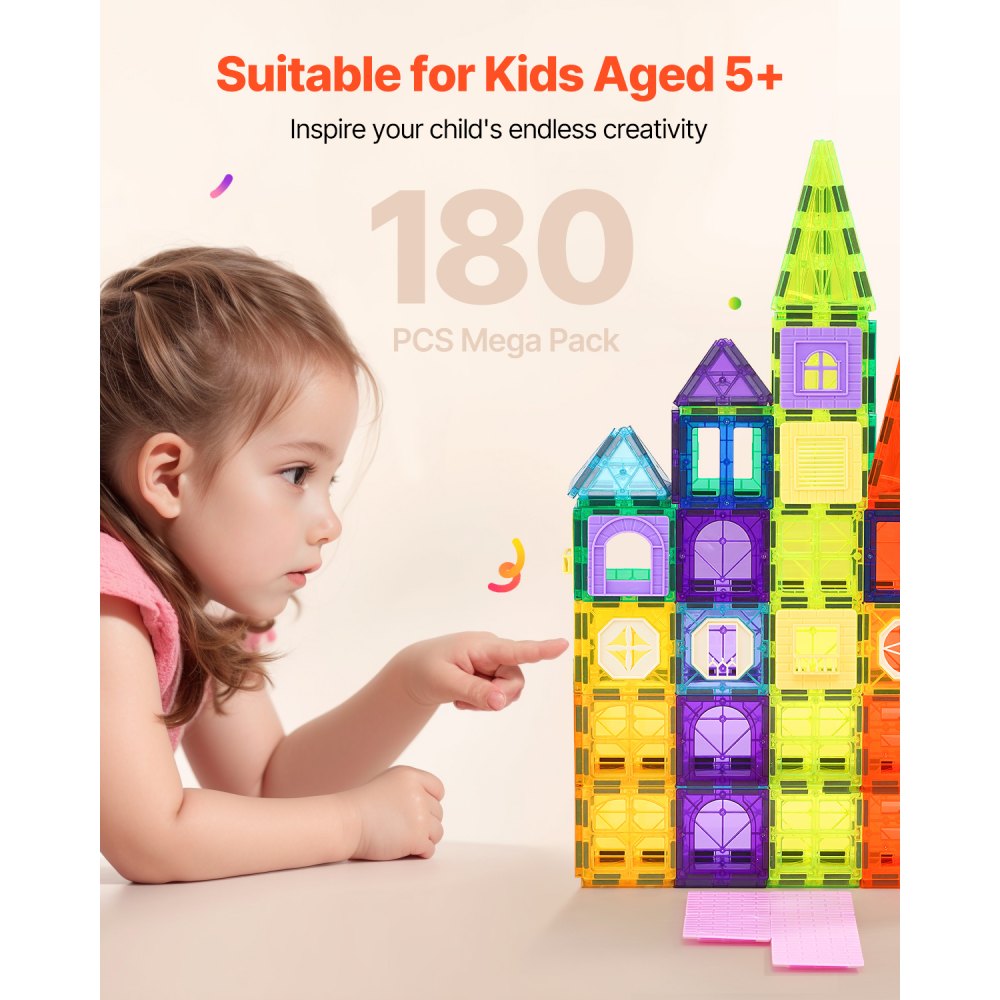 VEVOR Magnetic Tiles, 180 PCS Magnetic Building Blocks for Kids, Magnet Building Set with 2 Car Bases & Ferris Wheel Stand, STEM Educational Construction Stacking Toys for Toddlers Boys Girls Aged 5+