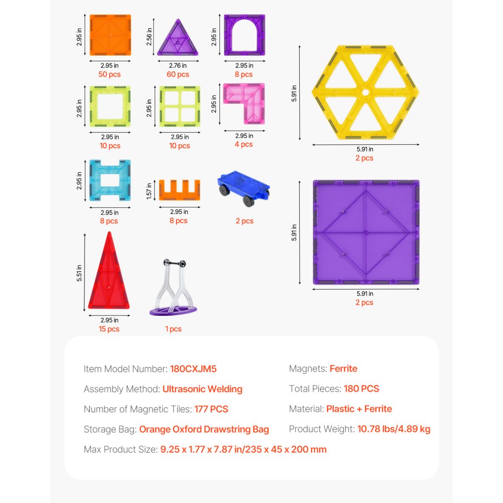 VEVOR Magnetic Tiles, 180 PCS Magnetic Building Blocks for Kids, Magnet Building Set with 2 Car Bases & Ferris Wheel Stand, STEM Educational Construction Stacking Toys for Toddlers Boys Girls Aged 5+