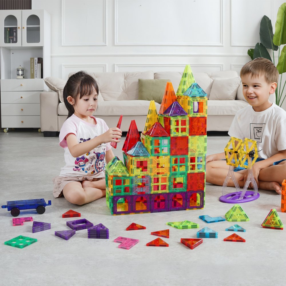 VEVOR Magnetic Tiles, 180 PCS Magnetic Building Blocks for Kids, Magnet Building Set with 2 Car Bases & Ferris Wheel Stand, STEM Educational Construction Stacking Toys for Toddlers Boys Girls Aged 5+