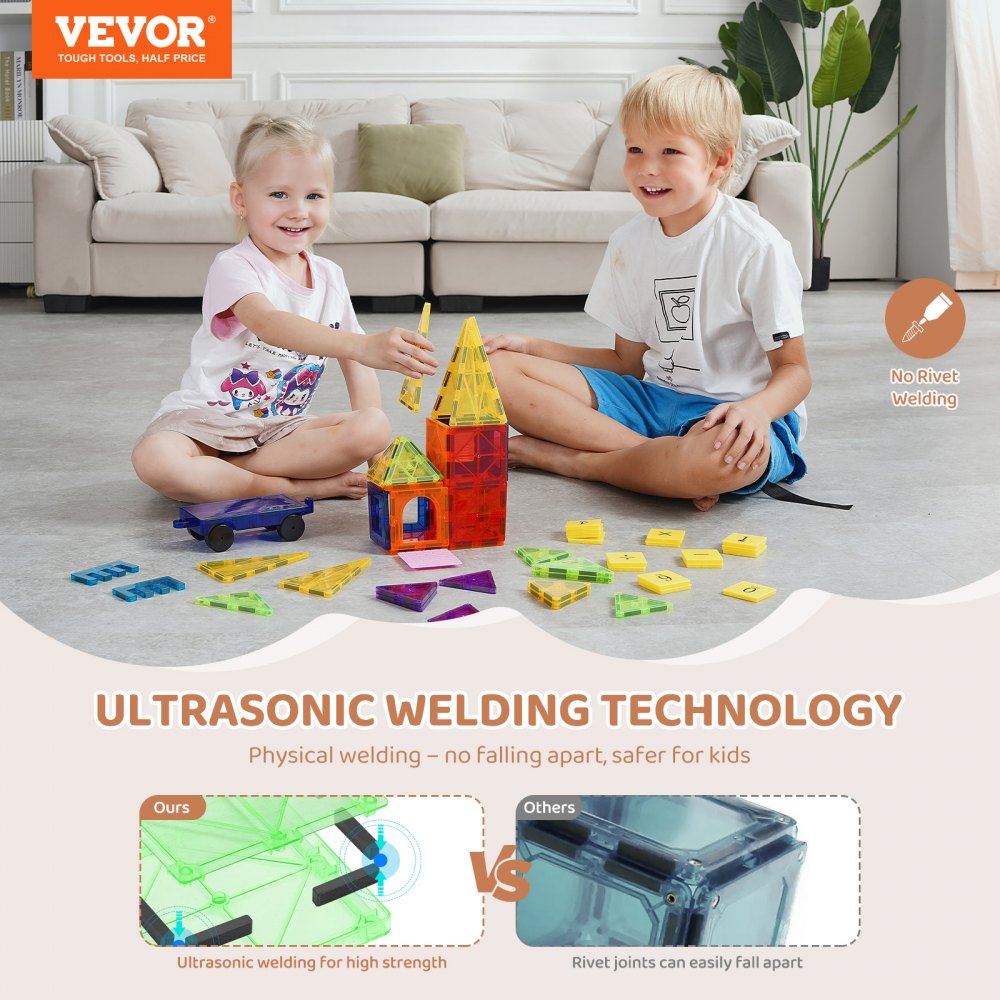 VEVOR Magnetic Tiles, 55 PCS Magnetic Building Blocks for Kids, Magnet Building Set with Car Base & 16 Digital Cards, STEM Educational Construction Stacking Toys Gift for Toddlers Boys Girls Aged 4+