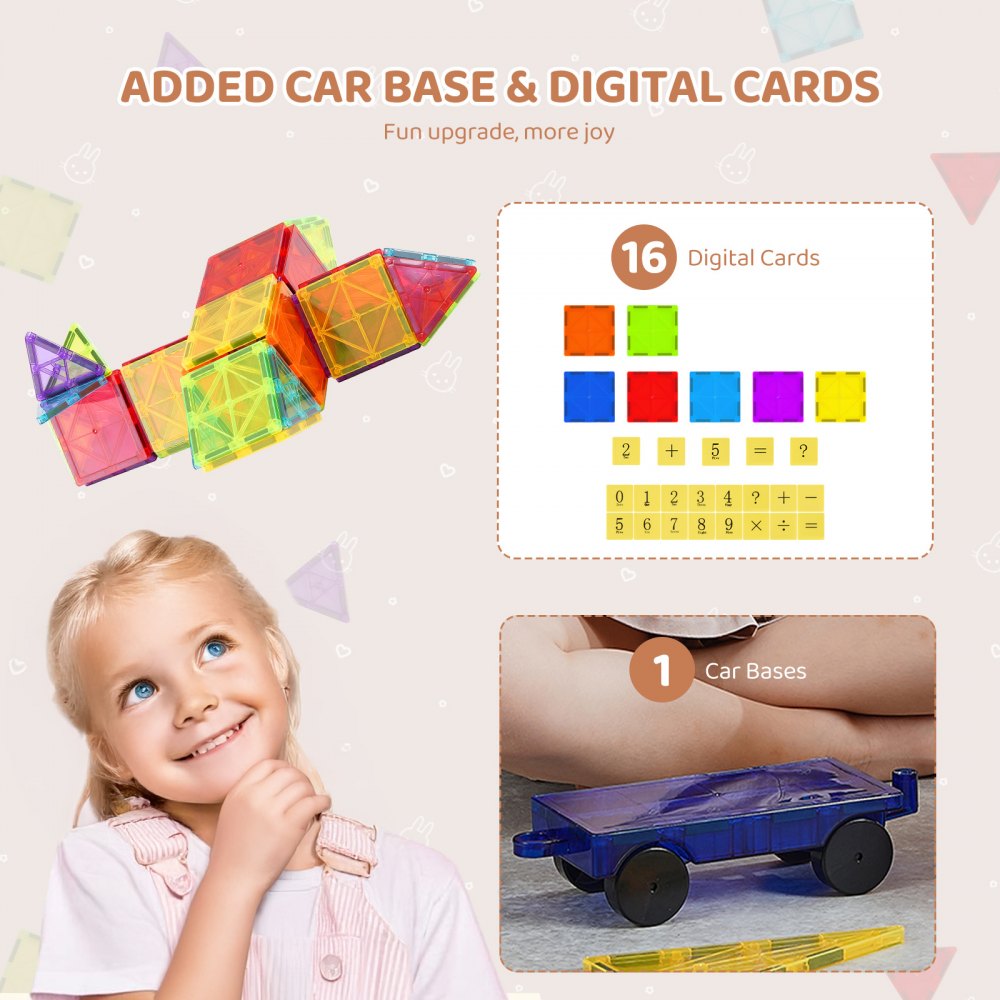 VEVOR Magnetic Tiles, 55 PCS Magnetic Building Blocks for Kids, Magnet Building Set with Car Base & 16 Digital Cards, STEM Educational Construction Stacking Toys Gift for Toddlers Boys Girls Aged 4+