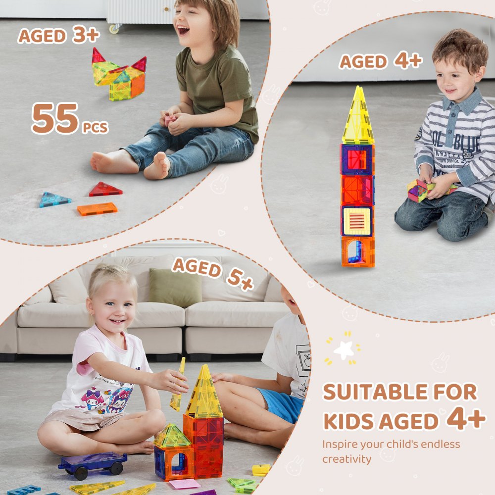 VEVOR Magnetic Tiles, 55 PCS Magnetic Building Blocks for Kids, Magnet Building Set with Car Base & 16 Digital Cards, STEM Educational Construction Stacking Toys Gift for Toddlers Boys Girls Aged 4+