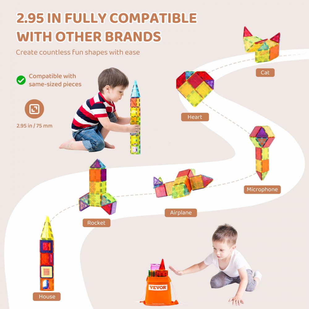 VEVOR Magnetic Tiles, 55 PCS Magnetic Building Blocks for Kids, Magnet Building Set with Car Base & 16 Digital Cards, STEM Educational Construction Stacking Toys Gift for Toddlers Boys Girls Aged 4+