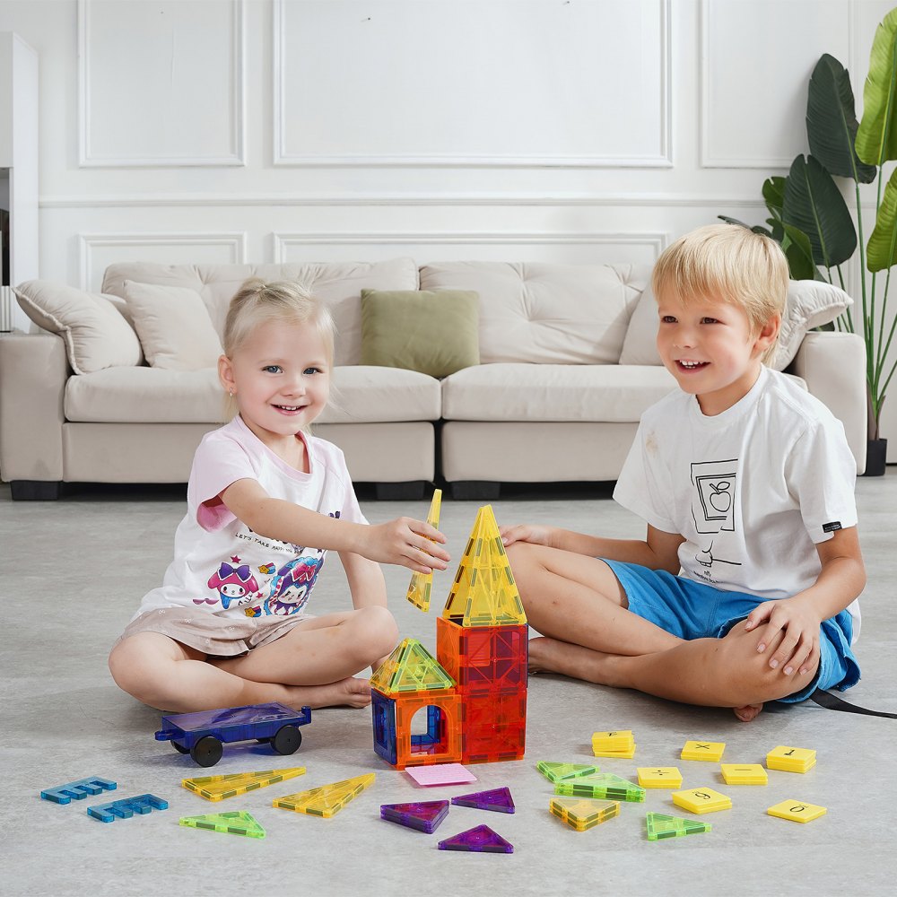 VEVOR Magnetic Tiles, 55 PCS Magnetic Building Blocks for Kids, Magnet Building Set with Car Base & 16 Digital Cards, STEM Educational Construction Stacking Toys Gift for Toddlers Boys Girls Aged 4+