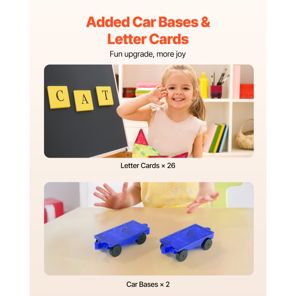 VEVOR Magnetic Tiles, 121 PCS Magnetic Building Blocks for Kids, Magnet Building Set with 2 Car Bases & 26 Digital Cards, STEM Educational Construction Stacking Toys for Toddlers Boys Girls Aged 5+