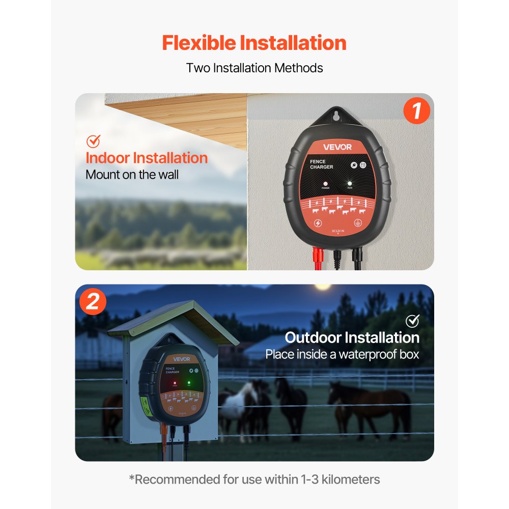 VEVOR Electric Fence Charger, 10kV 1J, AC DC Electric Fence Energizer with LED Indicator, 1.86 Miles Range, Powerful Plug-in Fences Charger, Prevents Wild Animals Intrusion for Livestock Poultry