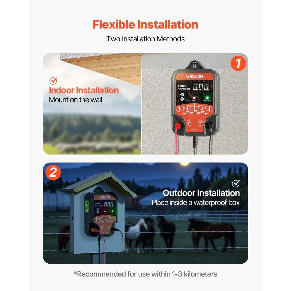 VEVOR Electric Fence Charger, 10kV 3J, AC DC Electric Fence Energizer with LED Indicator, 1.86 Miles Range, Powerful Plug-in Fences Charger, Prevents Wild Animals Intrusion for Livestock Poultry
