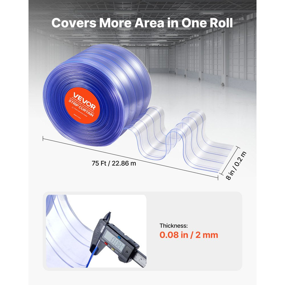 VEVOR Clear PVC Strip Curtain, 75 ft Length x 8 in Width, Ribbed Plastic Door Strip Bulk Roll, Walk in Freezer Cooler Curtain Strips for Doorways of Supermarket, Garage, Warehouse, Pet Animal House