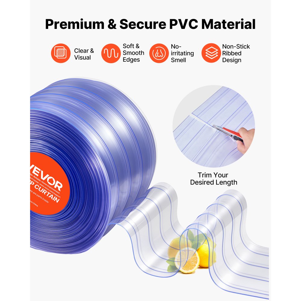 VEVOR Clear PVC Strip Curtain, 75 ft Length x 8 in Width, Ribbed Plastic Door Strip Bulk Roll, Walk in Freezer Cooler Curtain Strips for Doorways of Supermarket, Garage, Warehouse, Pet Animal House