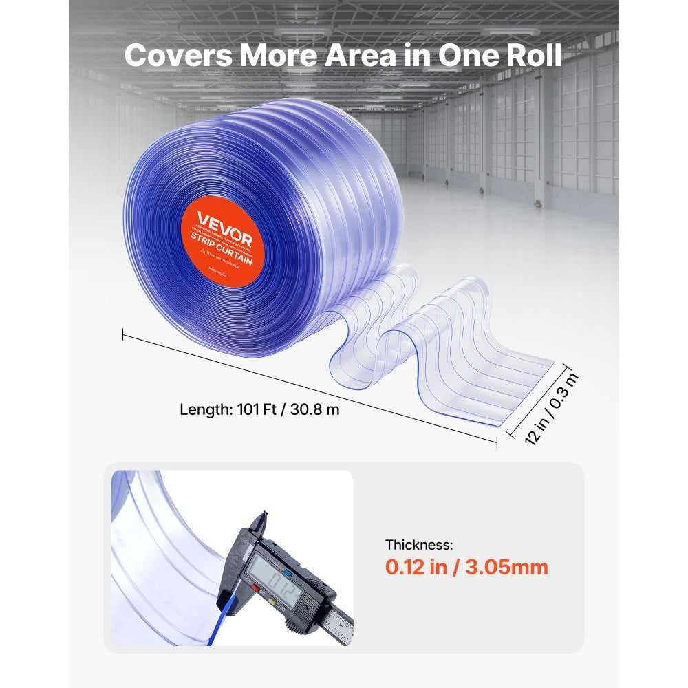 VEVOR Clear PVC Strip Curtain, 101 ft Length x 12 in Width, Ribbed Plastic Door Strip Bulk Roll, Walk in Freezer Cooler Curtain Strips for Doorways of Supermarket, Garage, Warehouse, Pet Animal House