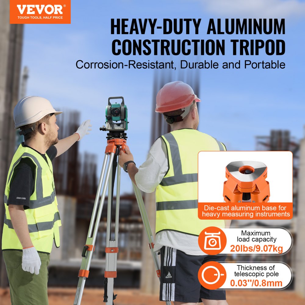 VEVOR Laser Level Tripod Stand, 5/8"-11 Thread Mount, 16.53-65.55 inch Height Adjustment Heavy Duty Survey Tripod for Construction Laser Level Scanner, Retractable Legs Non-Skid Feet Professional