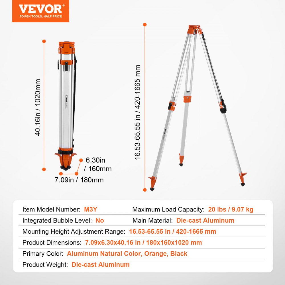 VEVOR Laser Level Tripod Stand, 5/8"-11 Thread Mount, 16.53-65.55 inch Height Adjustment Heavy Duty Survey Tripod for Construction Laser Level Scanner, Retractable Legs Non-Skid Feet Professional