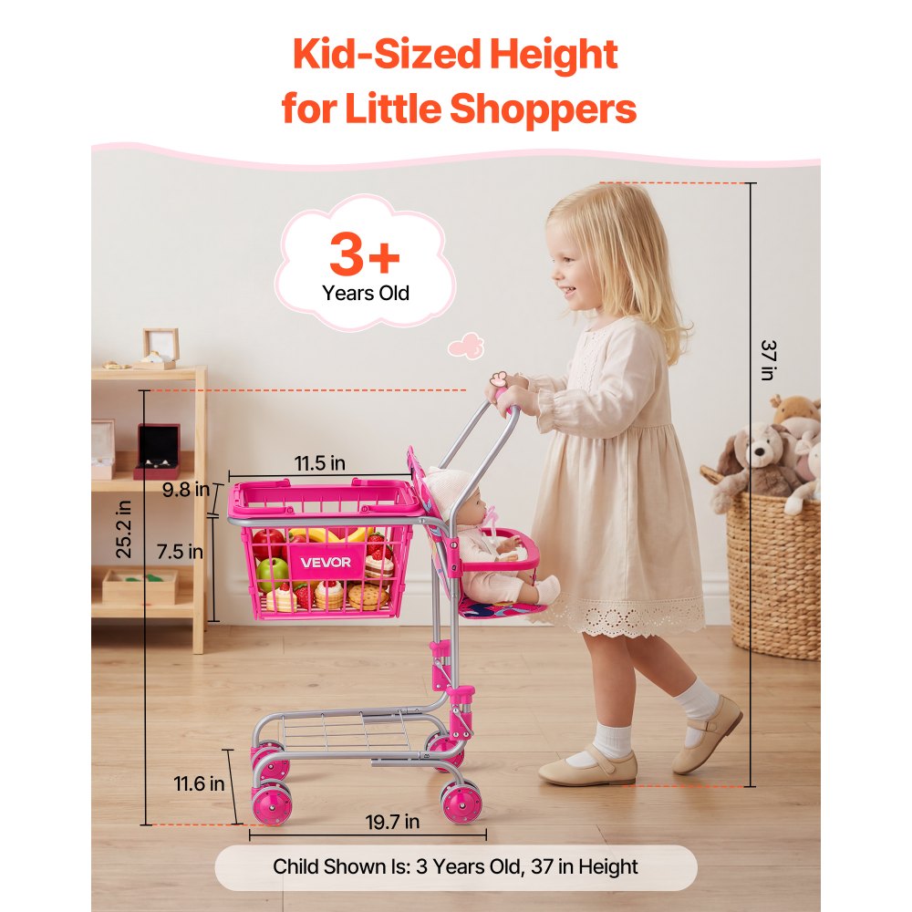 VEVOR Shopping Cart for Kids, Sturdy Metal Frame, Toy Shopping Cart with Baby Doll, 4 Rolling Wheels, Doll Seat Carrier, Grocery Pretend Play Toy Trolley, Folds for Easy Storage, for Toddlers Ages 3+