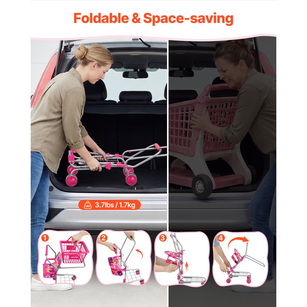 VEVOR Shopping Cart for Kids, Sturdy Metal Frame, Toy Shopping Cart with Baby Doll, 4 Rolling Wheels, Doll Seat Carrier, Grocery Pretend Play Toy Trolley, Folds for Easy Storage, for Toddlers Ages 3+