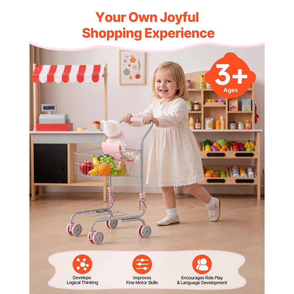 VEVOR Shopping Cart for Kids, Sturdy Metal Frame, Grocery Store Pretend Play Toy Cart with Baby Doll, Rolling Wheels, Basket, Toy Shopping Trolley, Folds for Easy Storage, for Kids & Toddlers Ages 3+