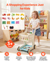 VEVOR Shopping Cart for Kids, Wooden, Toy Shopping Cart with Extra Storage, Realistic Play Food and Scanner, Grocery Store Pretend Play Toy Trolley, Baby Push Learning Walker, for Toddlers Ages 3+