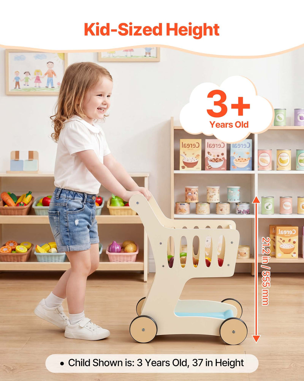 VEVOR Shopping Cart for Kids, Wooden, Toy Shopping Cart with Extra Storage, Realistic Play Food and Scanner, Grocery Store Pretend Play Toy Trolley, Baby Push Learning Walker, for Toddlers Ages 3+