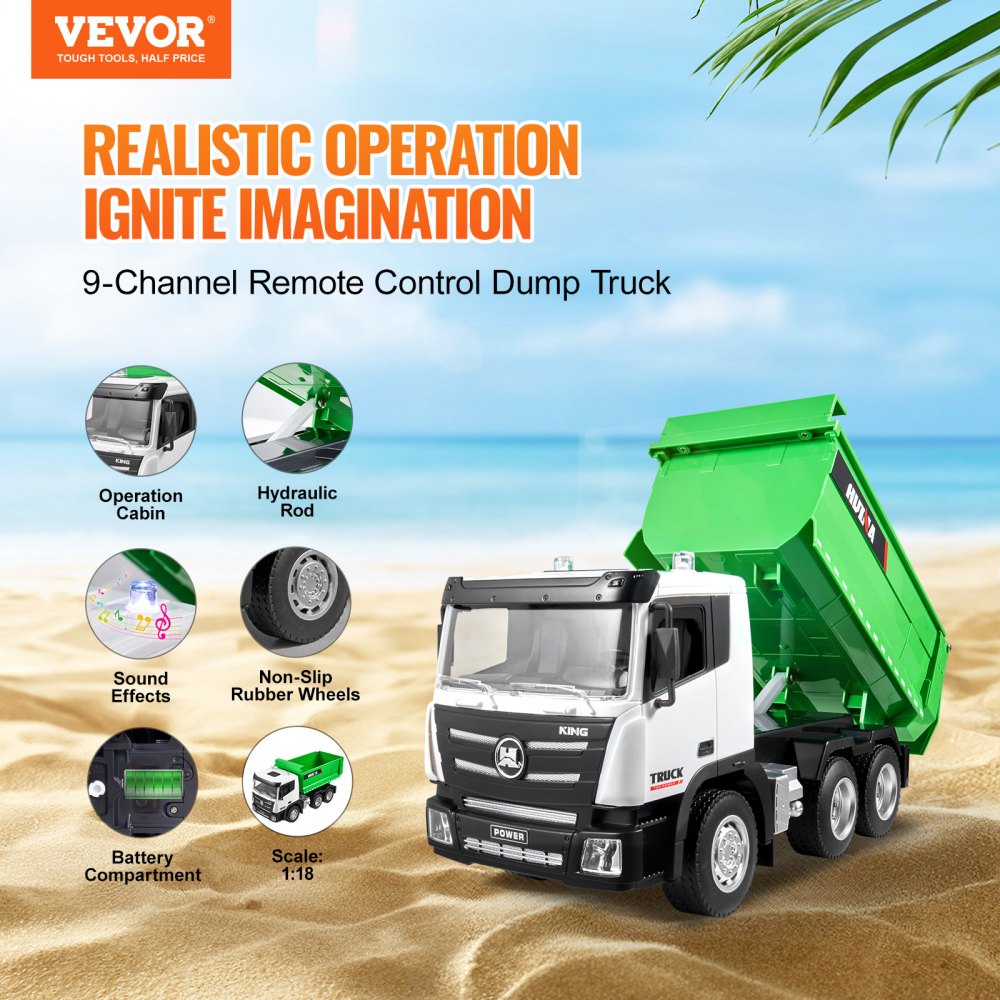 VEVOR RC Dump Truck Toy, 9-Channel 1:18 Scale, Remote Control Dump Truck RC Construction Vehicle Truck Toy with Light & 2 Rechargeable Batteries Birthday Gift for Toddlers Kids Boys and Girls Age 8+