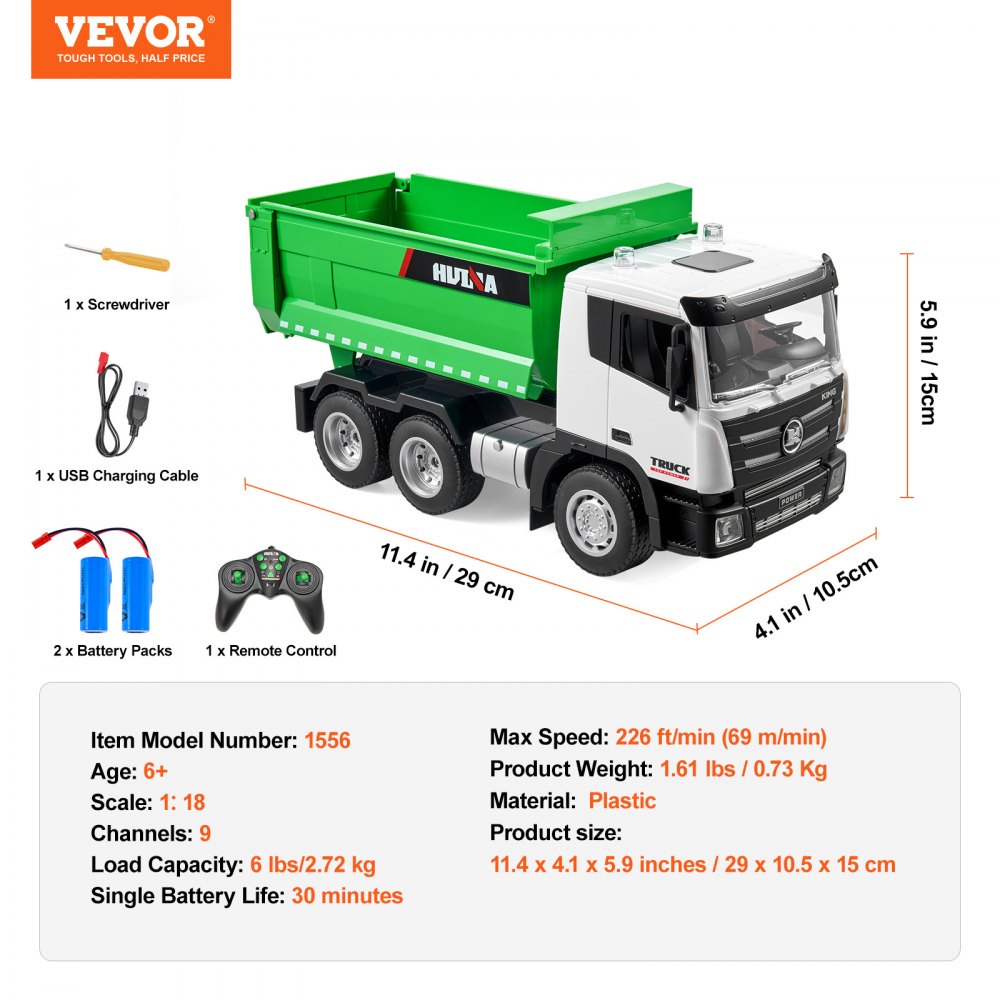 VEVOR RC Dump Truck Toy, 9-Channel 1:18 Scale, Remote Control Dump Truck RC Construction Vehicle Truck Toy with Light & 2 Rechargeable Batteries Birthday Gift for Toddlers Kids Boys and Girls Age 8+