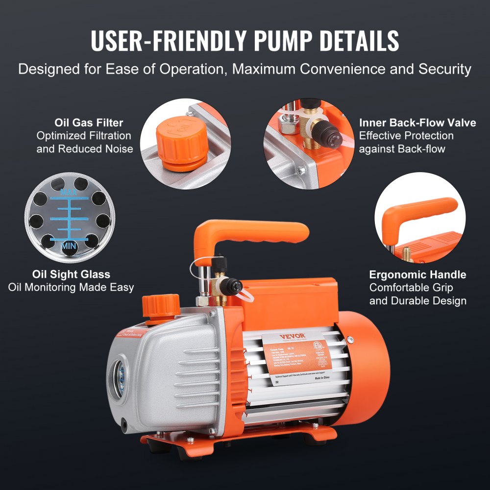 VEVOR 1/5 HP 3.5 CFM AC Vacuum Pump and Gauge Set, Single Stage Rotary Vane HVAC Air Vacuum Pump A/C Refrigerant Kit Manifold Gauge Set, with Three-Color Hose Carry Bag, Applicable to R134a, R1234yf