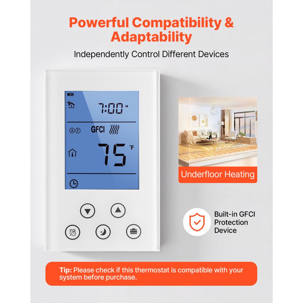 VEVOR 7-Day Programmable Thermostat, Home Thermostats for Radiant Underfloor Heating Cable,Heat Pump, Built-in GFCI & Sensitive Sensor, LED Screen with Backlight,Energy-Efficient,White
