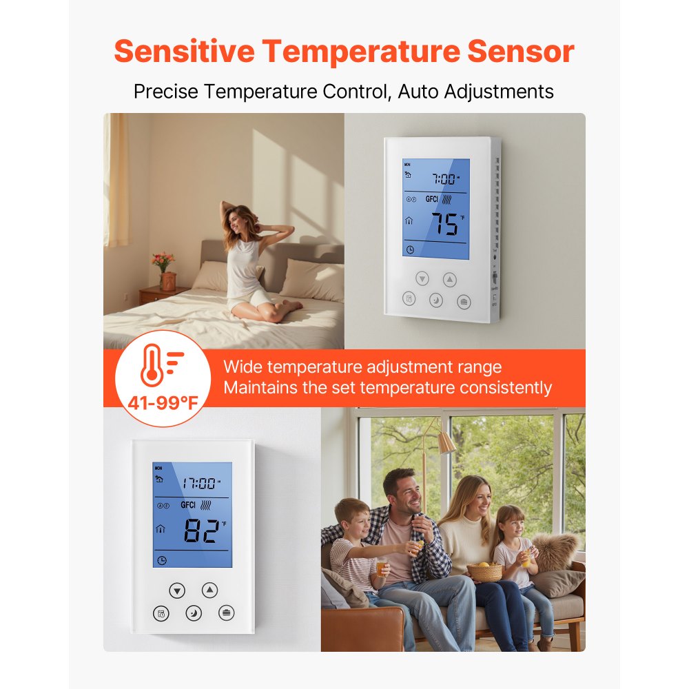 VEVOR 7-Day Programmable Thermostat, Home Thermostats for Radiant Underfloor Heating Cable,Heat Pump, Built-in GFCI & Sensitive Sensor, LED Screen with Backlight,Energy-Efficient,White