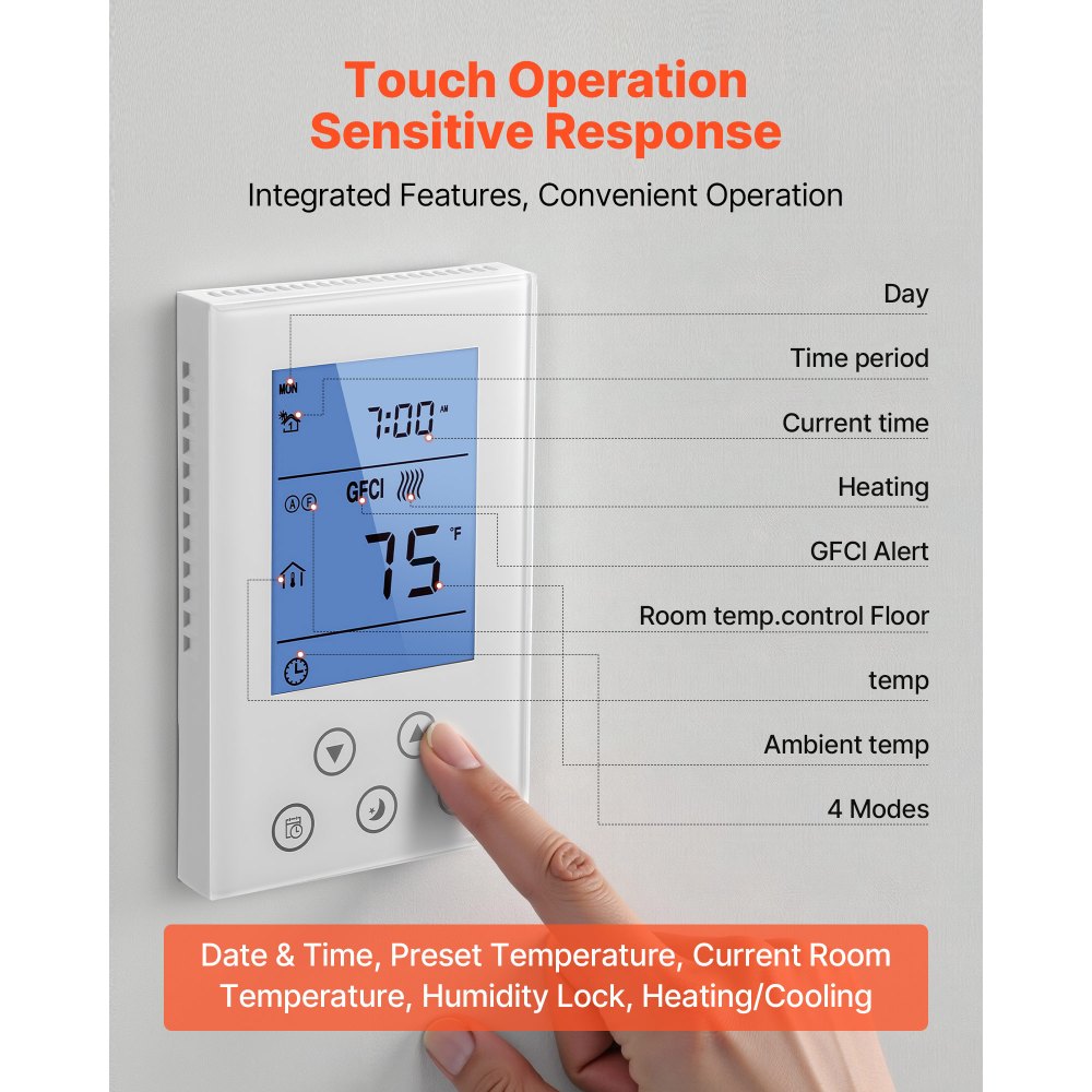 VEVOR 7-Day Programmable Thermostat, Home Thermostats for Radiant Underfloor Heating Cable,Heat Pump, Built-in GFCI & Sensitive Sensor, LED Screen with Backlight,Energy-Efficient,White