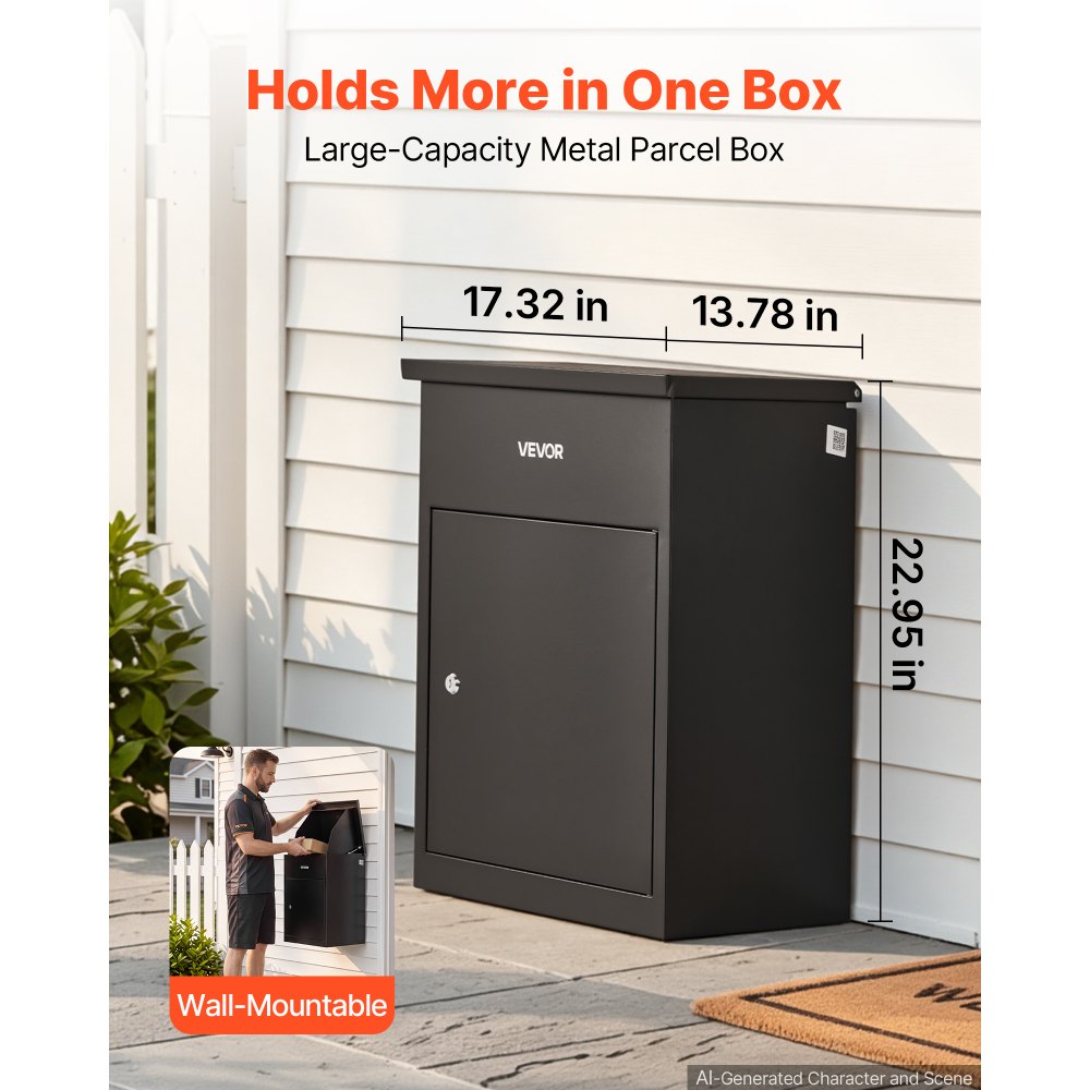 VEVOR Package Delivery Box for Outside 22.95 in Wall Mount Parcel Drop Box, for Porch, Curbside & House Storage, Lockable Anti-Theft Waterproof Weatherproof, Large Metal Mailbox for Outdoor, Black