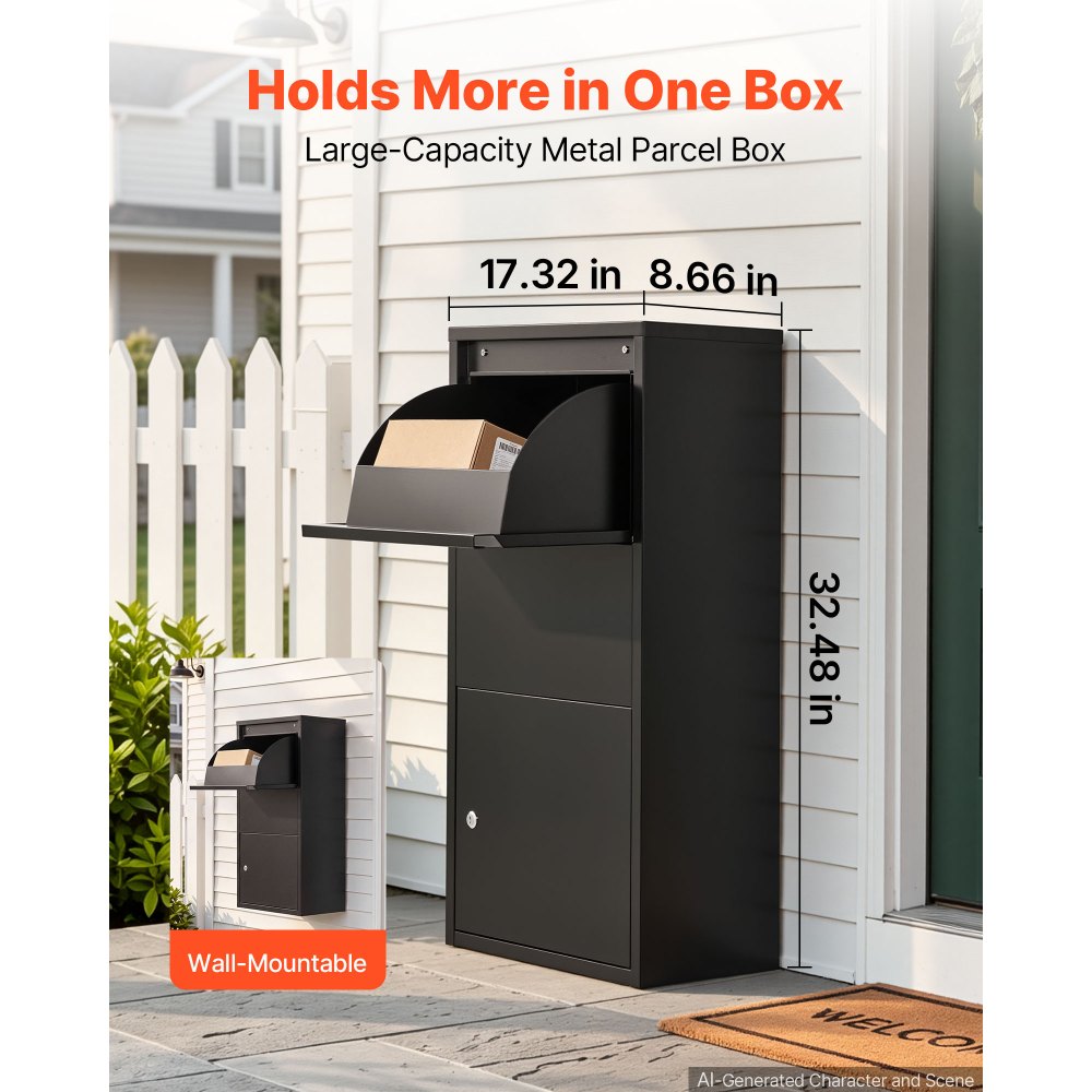VEVOR Package Delivery Box for Outside 32.48 in Wall Mount Parcel Drop Box, for Porch, Curbside & House Storage, Lockable Anti-Theft Waterproof Weatherproof, Large Metal Mailbox for Outdoor, Black