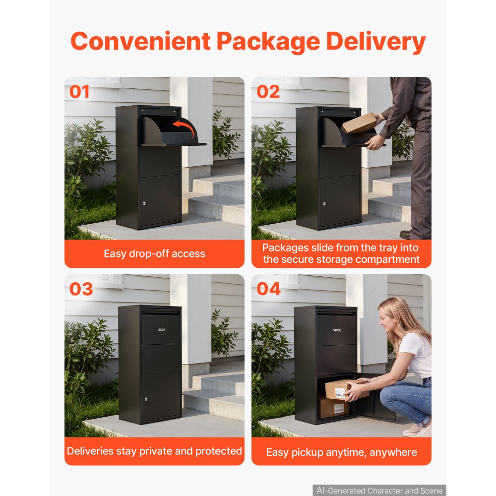 VEVOR Package Delivery Box for Outside 32.48 in Wall Mount Parcel Drop Box, for Porch, Curbside & House Storage, Lockable Anti-Theft Waterproof Weatherproof, Large Metal Mailbox for Outdoor, Black