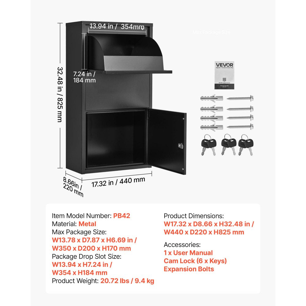 VEVOR Package Delivery Box for Outside 32.48 in Wall Mount Parcel Drop Box, for Porch, Curbside & House Storage, Lockable Anti-Theft Waterproof Weatherproof, Large Metal Mailbox for Outdoor, Black