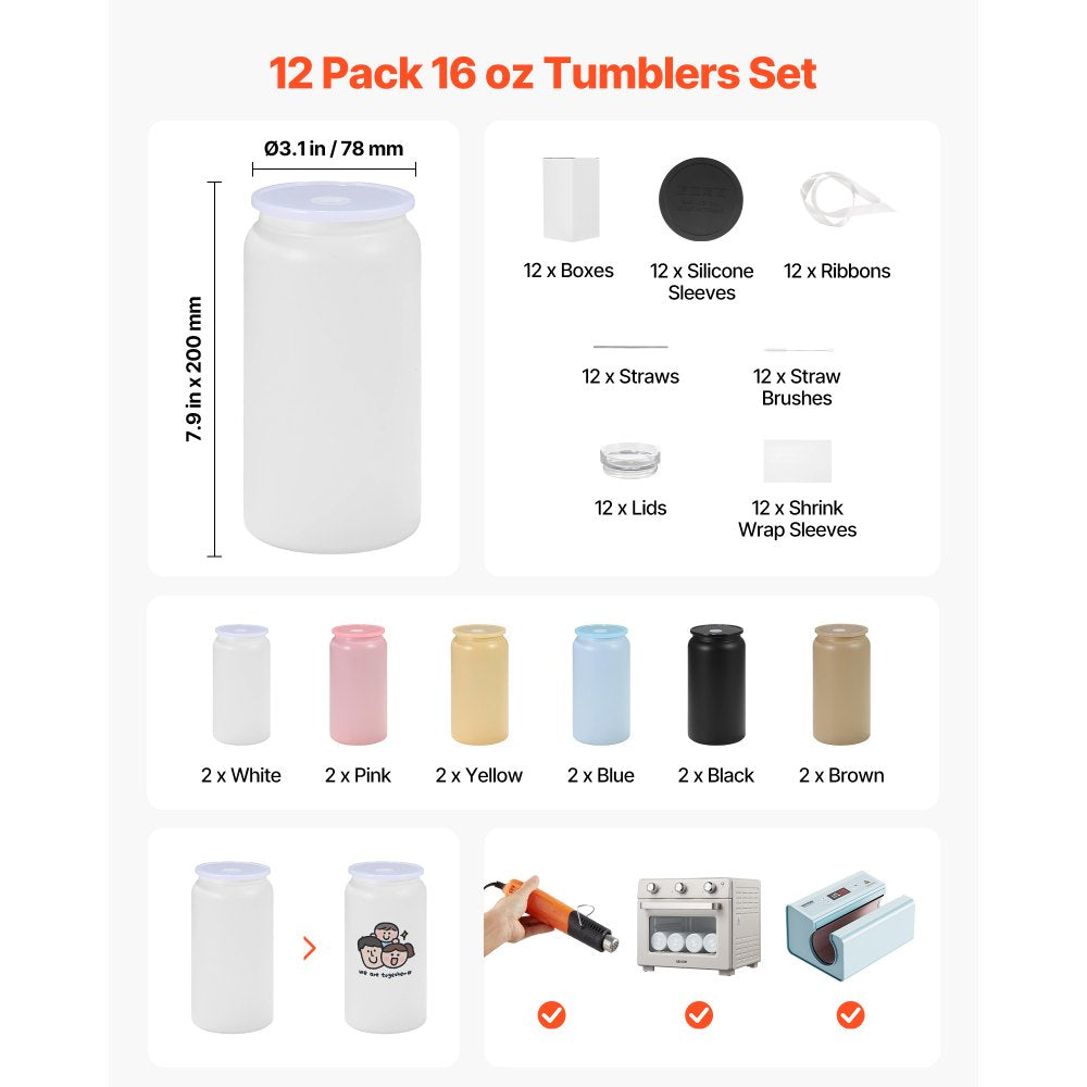 VEVOR Sublimation Tumblers, 12 Pack, 16 oz Multicolored Tumblers Bulk, Stainless Steel Sublimation Cups with Lids and Straws, Double Wall Insulated Tumbler Blank, for DIY Personalized Customization